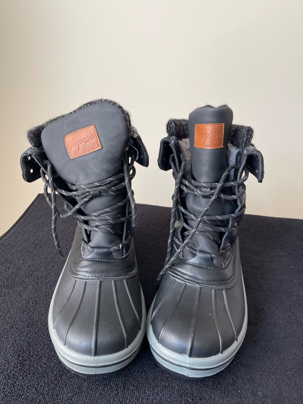 NWOT..,Vepose Black Kids Winter Lace-Up Snow Boots with Brown Logo Patch